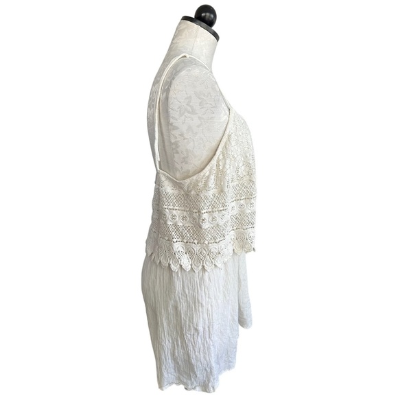 TopShop Boho Crochet Overlay Romper Cream Crinkly Gauze Spaghetti Straps Size 12 - Picture 4 of 16